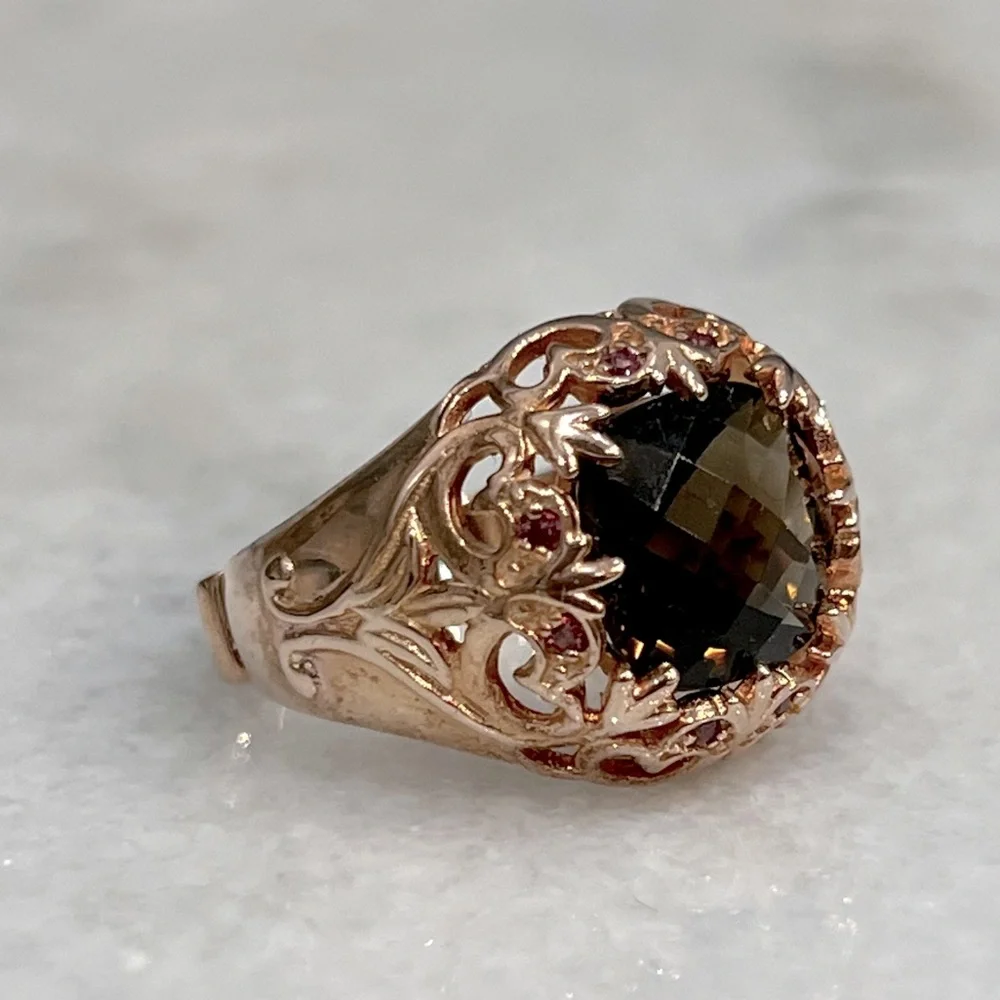 Brazilian Smoky Quartz Orissa Rhodolite Garnet 14K RG Sterling Silver Ring Sz 8